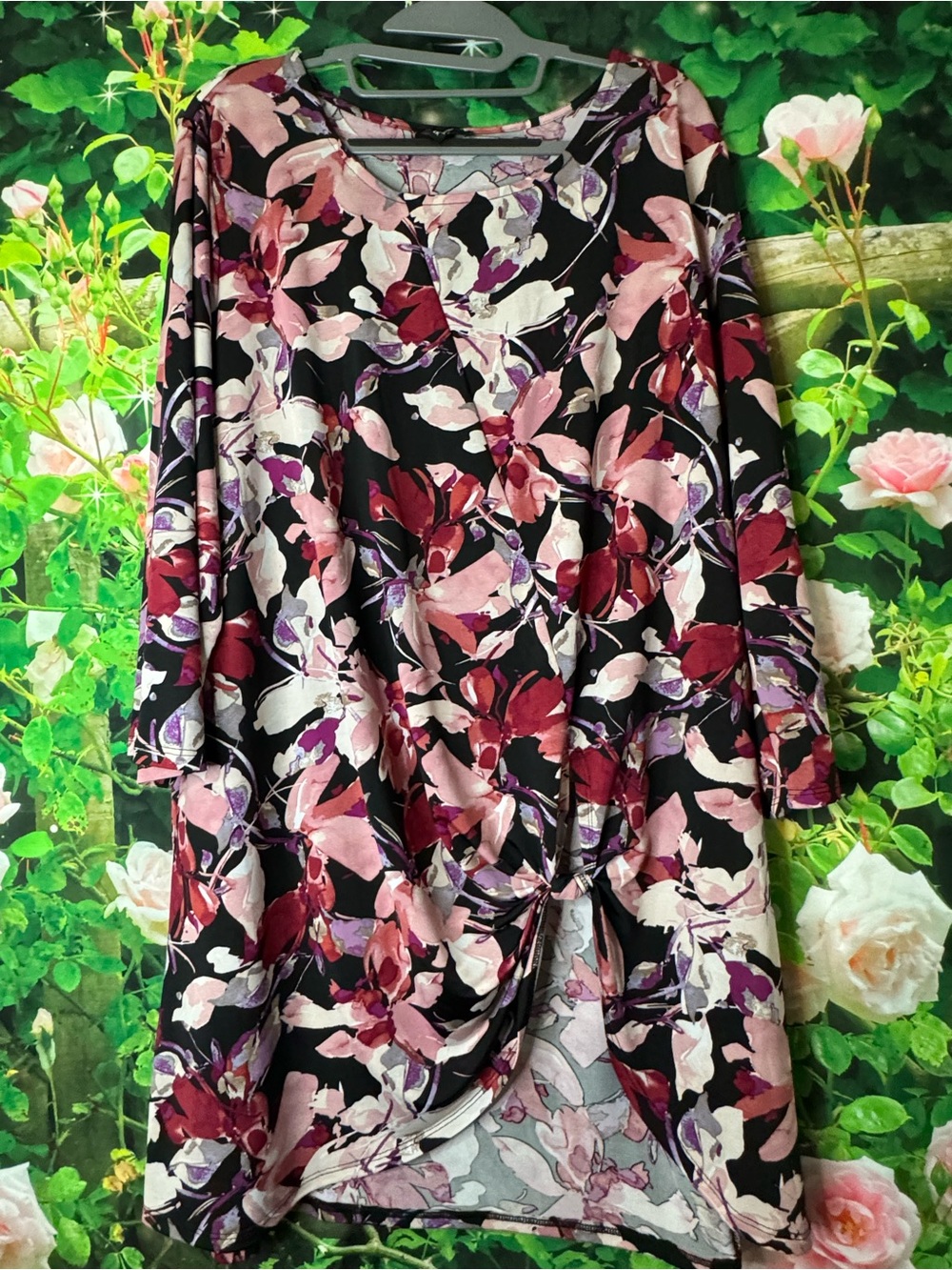 Cocomo Black Floral Tie-Front Blouse with Pink and Burgundy Accents